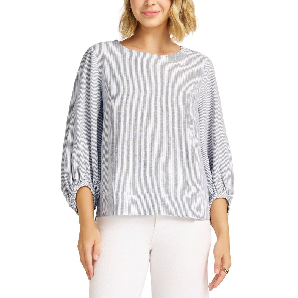 Matty M Women Linen Blend Striped Top Relaxed Fit 3/4 Sleeve Blue White Large